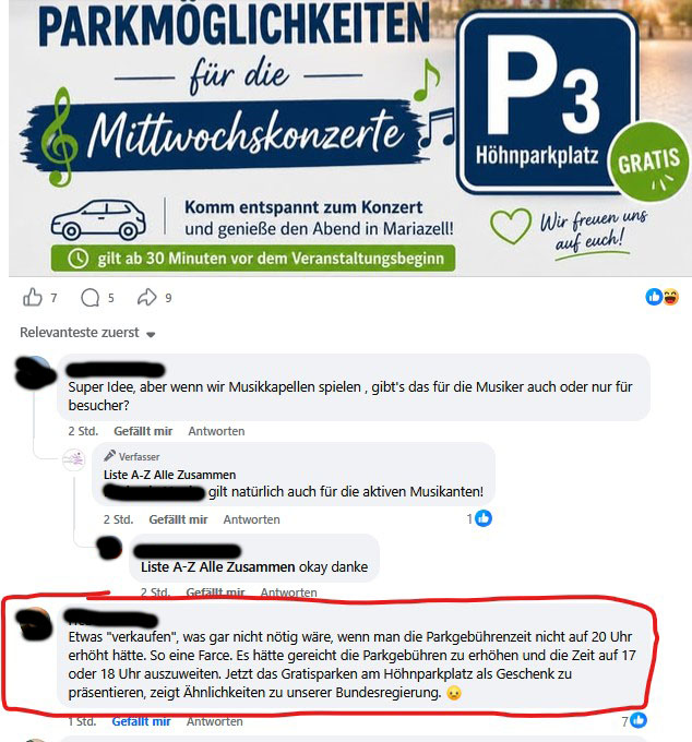 Reaktionen auf die Ausnahmeregelung am P3 - Screenshot aus Facebook
